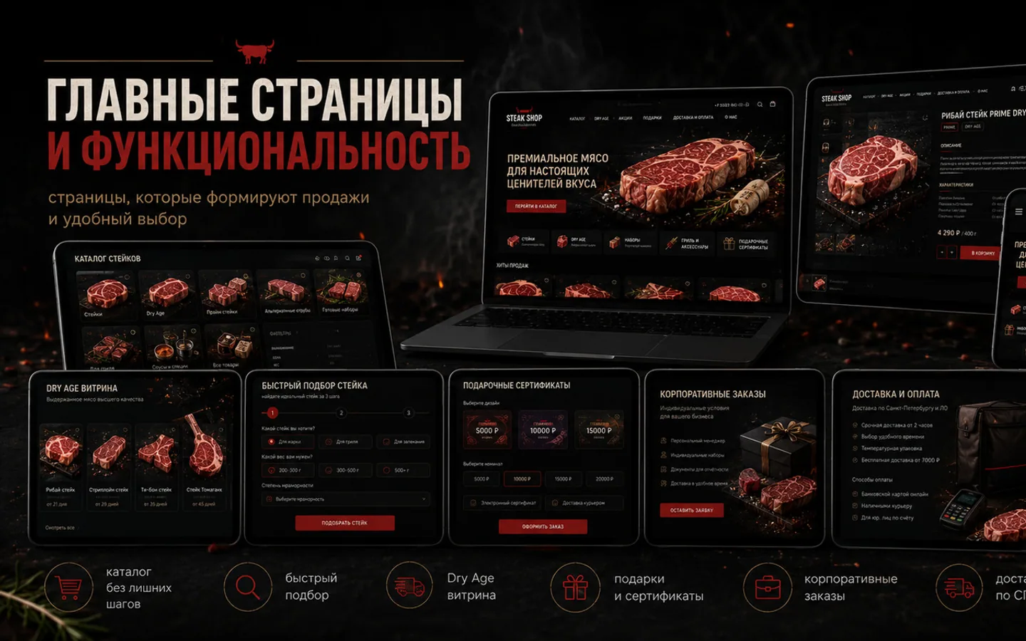 Интернет-магазин Steak Shop с премиальным каталогом, главными экранами и мобильной версией